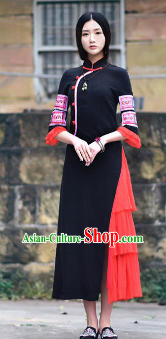 Traditional China National Costume Tang Suit Cheongsam Dress Chinese Embroidered Black Qipao for Women
