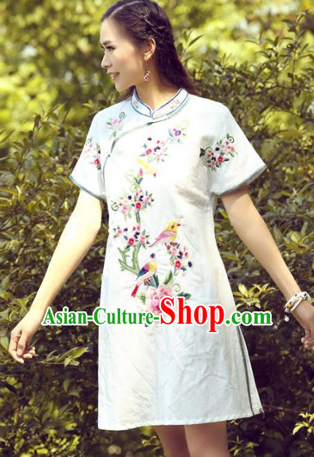 Traditional China National Costume Tang Suit White Qipao Dress Chinese Embroidered Peony Cheongsam for Women
