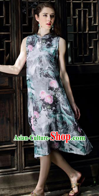 Traditional China National Costume Printing Flowers Cheongsam Dress Chinese Tang Suit Qipao for Women