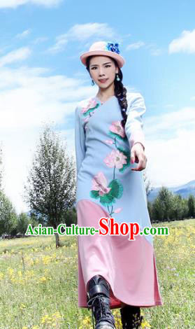 Traditional China National Costume Printing Lotus Cheongsam Dress Chinese Tang Suit Qipao for Women