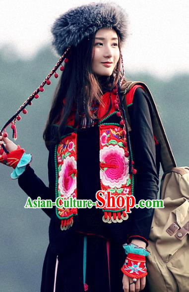 Traditional China National Costume Tang Suit Red Vests Chinese Embroidered Short Waistcoat for Women