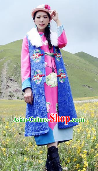 Traditional China National Costume Tang Suit Blue Long Vests Chinese Embroidered Waistcoat for Women