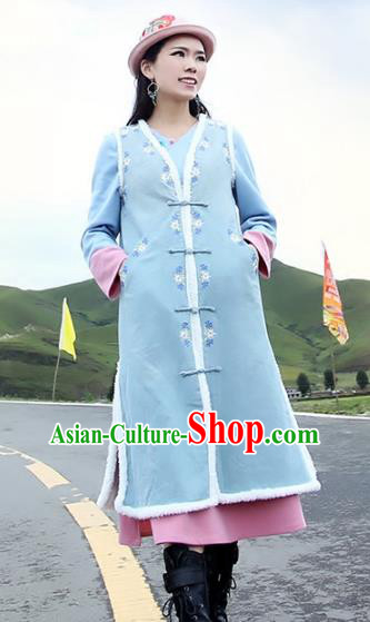 Traditional China National Costume Tang Suit Blue Vests Chinese Embroidered Long Waistcoat for Women