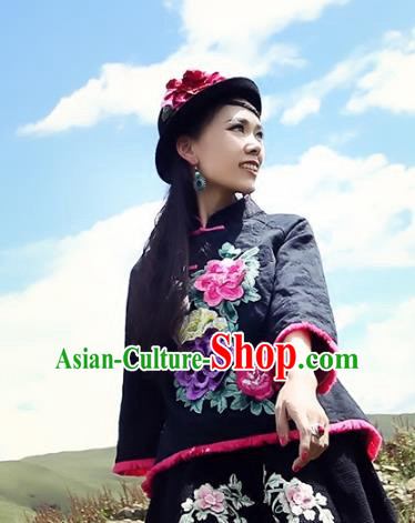 Traditional China National Black Cheongsam Shirts Costume Chinese Tang Suit Embroidered Blouse for Women