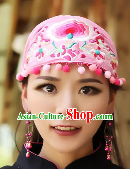 Traditional China National Hair Accessories Chinese Embroidered Pink Hats Kerchief for Women