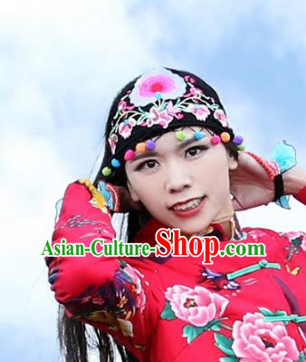 Traditional China National Hair Accessories Chinese Embroidered Black Hats Kerchief for Women
