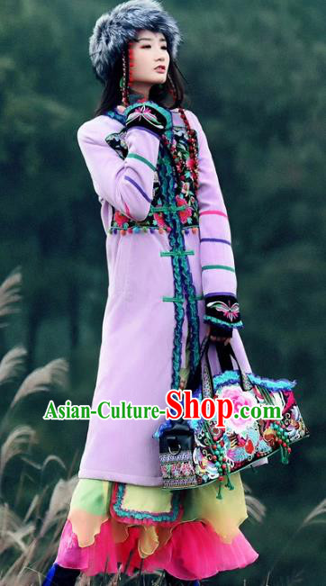 Traditional China National Costume Chinese Tang Suit Embroidered Lilac Dust Coats for Women