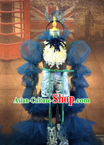 Top Grade Stage Performance Costume Modern Dance Children Dress Catwalks Blue Veil Full Dress for Kids