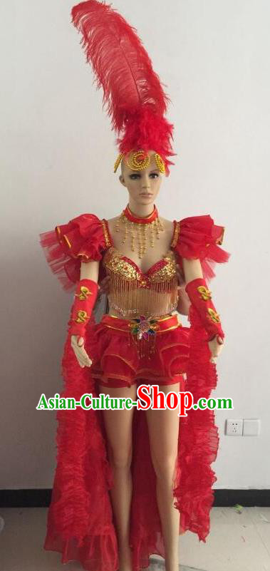 Top Grade Catwalks Red Feather Costume Brazilian Carnival Samba Dance Bikini Clothing and Headdress for Women