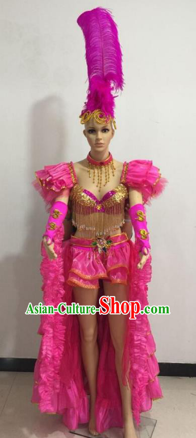 Top Grade Catwalks Rosy Feather Costume Brazilian Carnival Samba Dance Bikini Clothing and Headdress for Women
