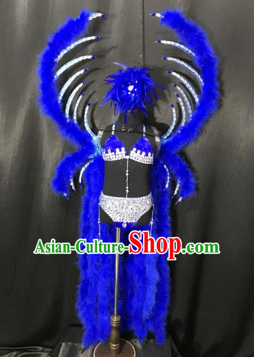 Top Grade Children Stage Performance Costume Catwalks Blue Feather Bikini Dress with Wings for Kids