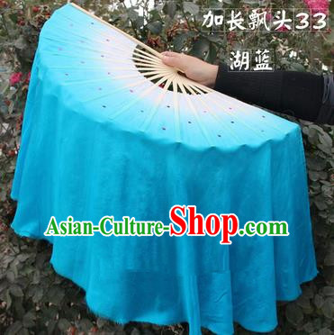 Top Grade Chinese Folk Dance Folding Fans Yangko Dance Blue Silk Ribbon Fan for Women