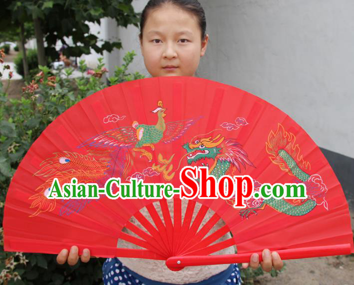 Chinese Handmade Folk Dance Folding Fans Yangko Dance Printing Dragon and Phoenix Tai Chi Red Fan for Women