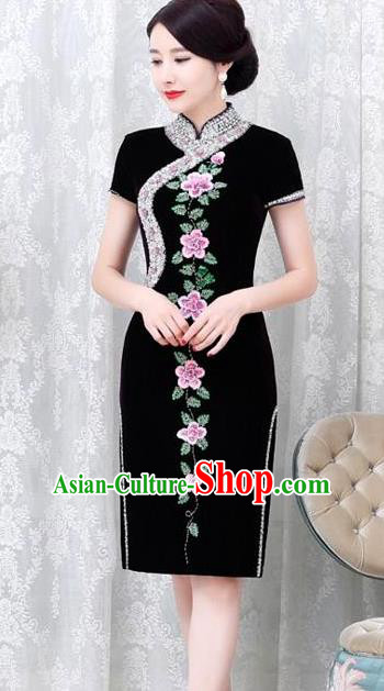 Chinese Traditional Elegant Cheongsam Embroidery Black Velvet Qipao Dress National Costume for Women