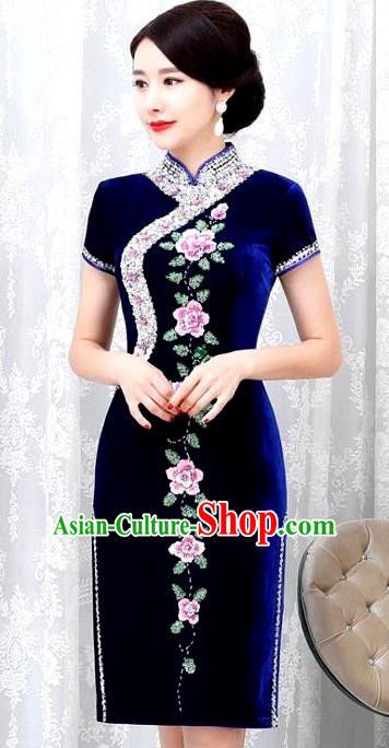 Chinese Traditional Elegant Cheongsam Embroidery Royalblue Velvet Qipao Dress National Costume for Women