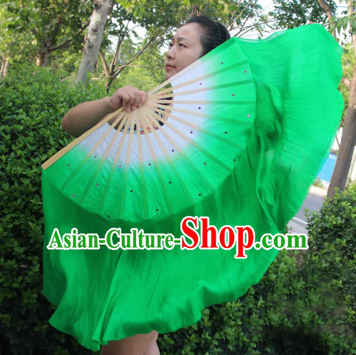 Chinese Handmade Folk Dance Ribbons Folding Fans Yangko Dance Classical Dance Green Fans for Women