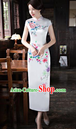 Chinese Traditional Elegant Printing Silk White Cheongsam National Costume Qipao Dress for Women