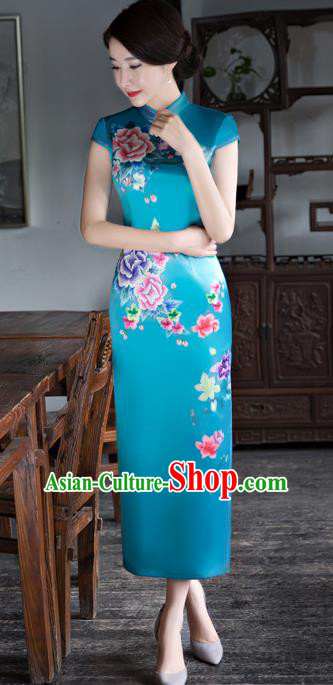 Chinese Traditional Elegant Printing Silk Blue Cheongsam National Costume Qipao Dress for Women