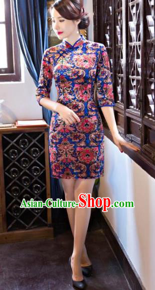 Chinese Traditional Elegant Short Blue Cheongsam National Costume Silk Qipao Dress for Women
