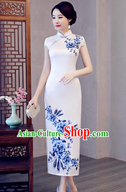 Chinese Traditional Printing Peony Elegant White Cheongsam National Costume Silk Qipao Dress for Women