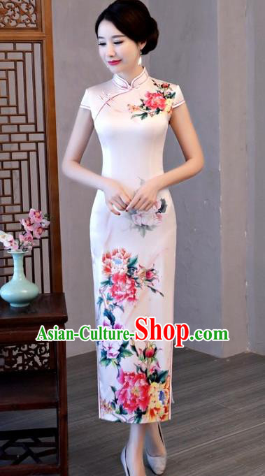 Chinese Traditional Pink Elegant Cheongsam National Costume Printing Peony Silk Qipao Dress for Women