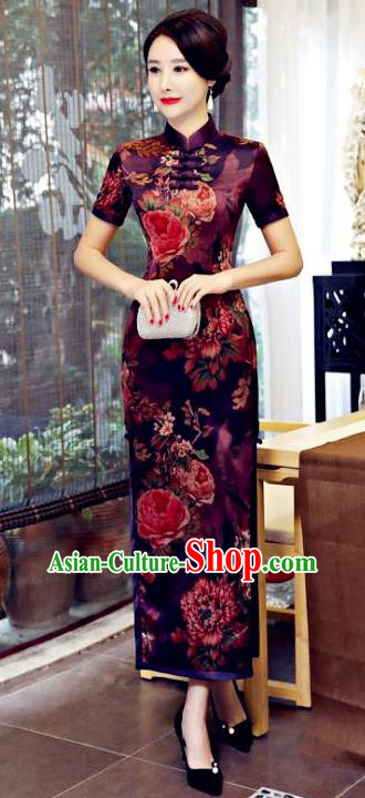 Chinese Traditional Elegant Dark Red Cheongsam National Costume Watered Gauze Qipao Dress for Women
