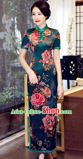 Chinese Traditional Elegant Green Cheongsam National Costume Watered Gauze Qipao Dress for Women
