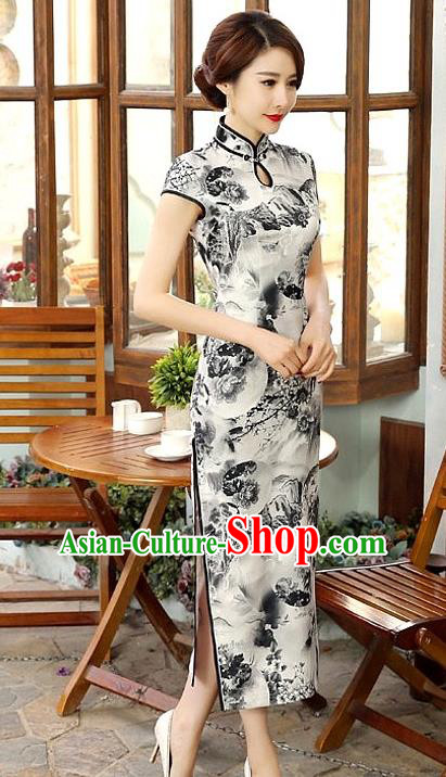 Chinese Traditional Elegant Ink Painting Cheongsam National Costume Silk Qipao Dress for Women