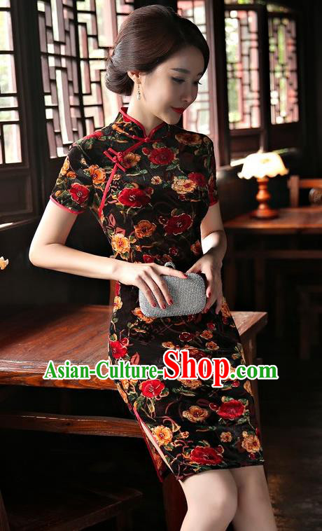 Chinese Traditional Elegant Black Velvet Cheongsam National Costume Short Qipao Dress for Women