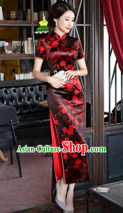 Chinese Traditional Elegant Black Cheongsam National Costume Plum Blossom Qipao Dress for Women