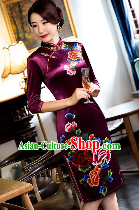 Chinese Traditional Elegant Amaranth Cheongsam National Costume Qipao Dress for Women