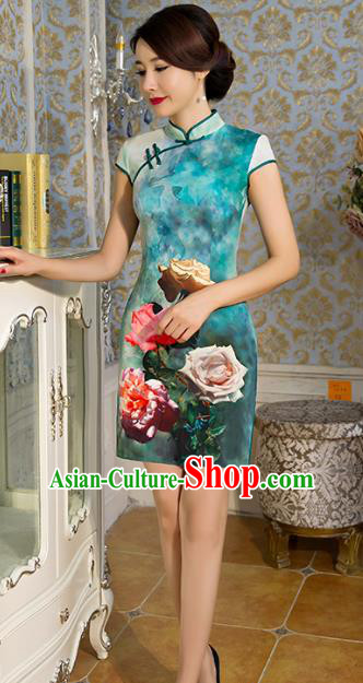 Chinese Traditional Elegant Printing Rose Green Cheongsam National Costume Qipao Dress for Women