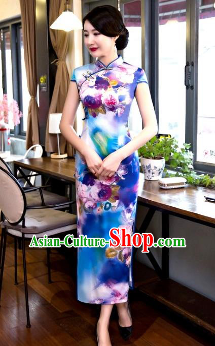 Chinese Traditional Elegant Retro Cheongsam National Costume Printing Blue Qipao Dress for Women