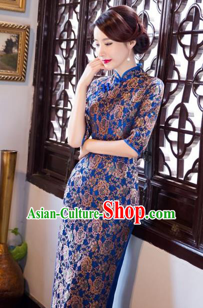 Chinese Traditional Elegant Cheongsam National Costume Blue Qipao Dress for Women