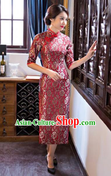 Chinese Traditional Elegant Cheongsam National Costume Red Qipao Dress for Women