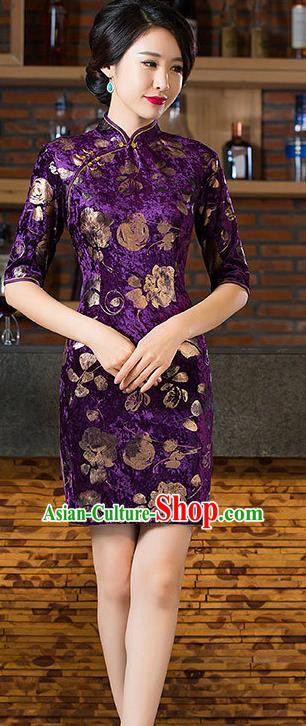 Chinese Traditional Elegant Cheongsam National Costume Purple Pleuche Short Qipao Dress for Women