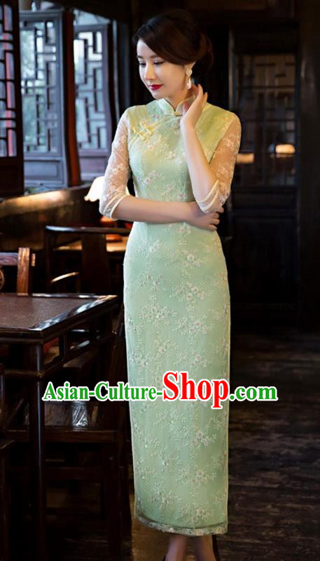 Chinese Traditional Elegant Cheongsam National Costume Green Embroidered Qipao Dress for Women
