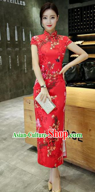 Chinese Traditional Elegant Printing Red Silk Cheongsam National Costume Long Qipao Dress for Women