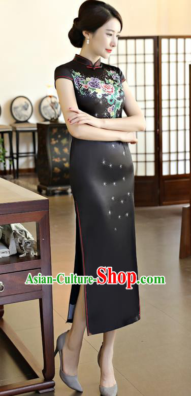 Chinese Traditional Elegant Black Silk Cheongsam National Costume Printing Qipao Dress for Women