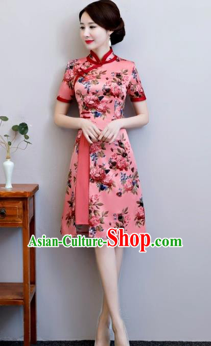 Chinese Traditional Elegant Pink Watered Gauze Cheongsam National Costume Printing Qipao Dress for Women