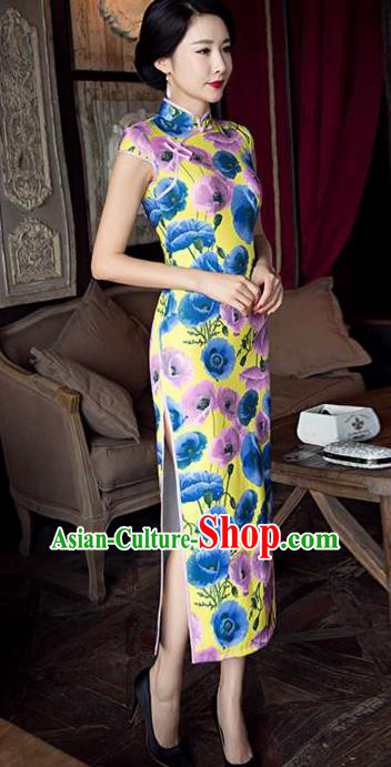 Chinese Traditional Elegant Silk Cheongsam National Costume Printing Qipao Dress for Women