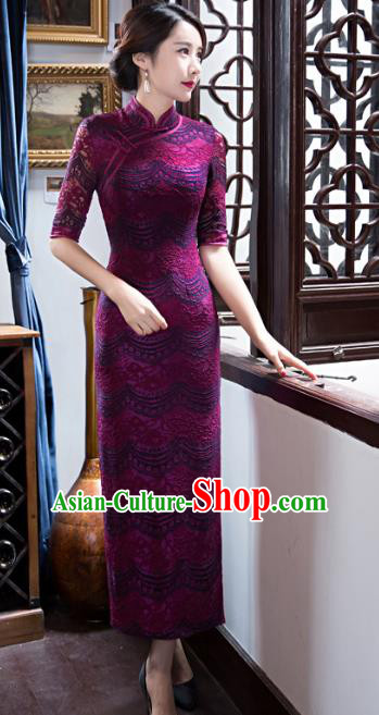 Chinese Traditional Elegant Purple Lace Cheongsam National Costume Retro Qipao Dress for Women