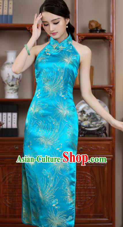 Top Grade Chinese National Costume Elegant Blue Brocade Cheongsam Tang Suit Qipao Dress for Women