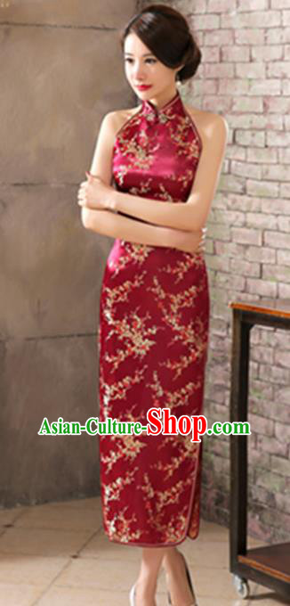 Top Grade Chinese National Costume Elegant Plum Blossom Brocade Cheongsam Tang Suit Wine Red Qipao Dress for Women