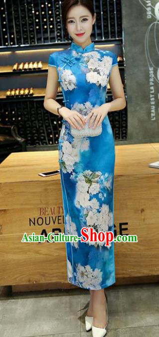 Chinese Traditional Elegant Silk Cheongsam National Costume Retro Printing Blue Qipao Dress for Women