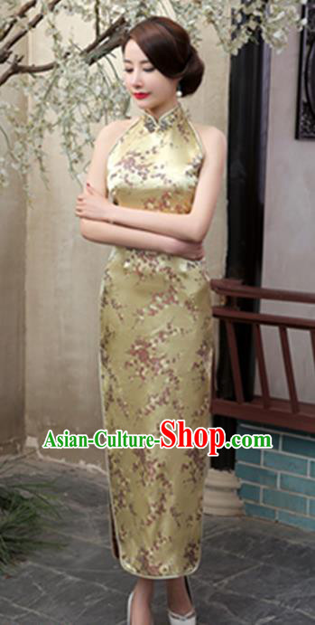 Top Grade Chinese National Costume Elegant Plum Blossom Brocade Cheongsam Tang Suit Yellow Qipao Dress for Women