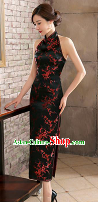 Top Grade Chinese National Costume Elegant Plum Blossom Brocade Cheongsam Tang Suit Black Qipao Dress for Women