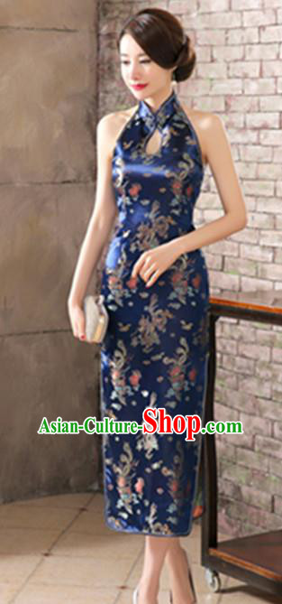 Top Grade Chinese National Costume Elegant Phoenix Brocade Cheongsam Tang Suit Royalblue Qipao Dress for Women