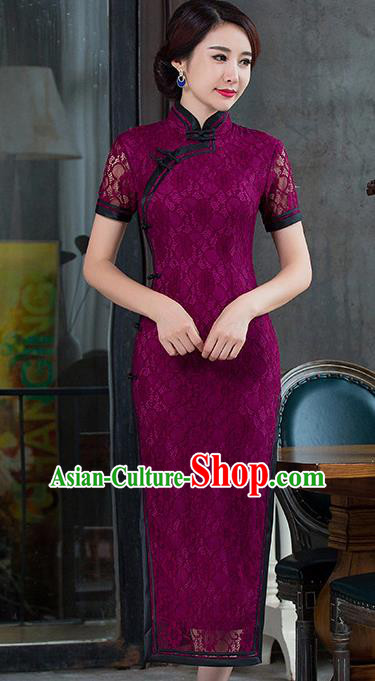 Top Grade Chinese National Costume Elegant Slim Cheongsam Tang Suit Printing Purple Lace Qipao Dress for Women