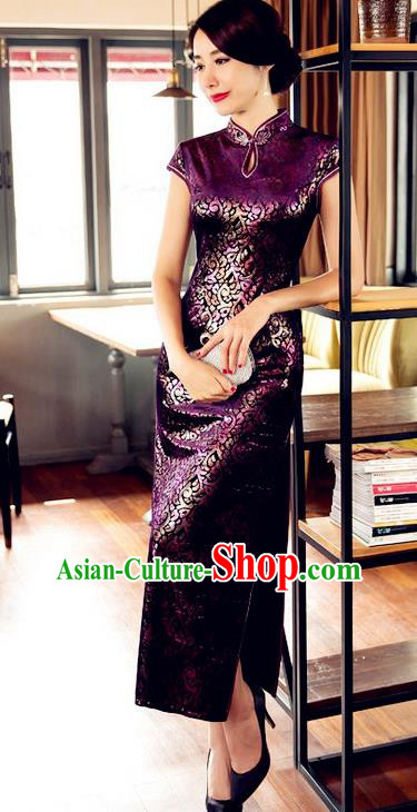 Top Grade Chinese National Costume Elegant Purple Brocade Cheongsam Tang Suit Qipao Dress for Women